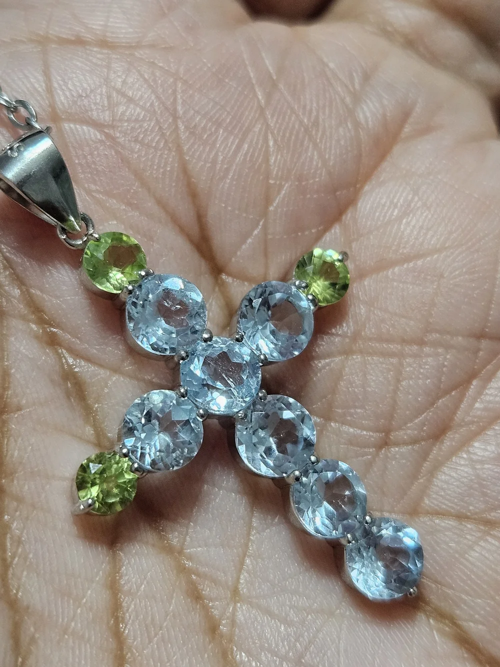 925S Blue Topaz and Peridot Cross Pendant Necklace